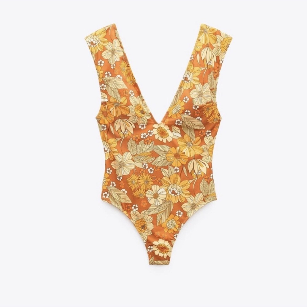 NWOT ZARA Orange Floral One-Piece Swimsuit sz S